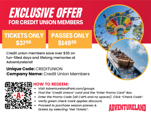 Adventureland exclusive offer for credit union members showing discounted ticket pricing and promo code CREDITUNION